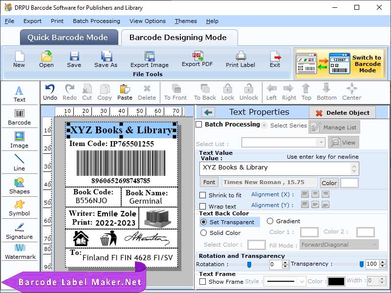 Screenshot of Library Barcodes Software
