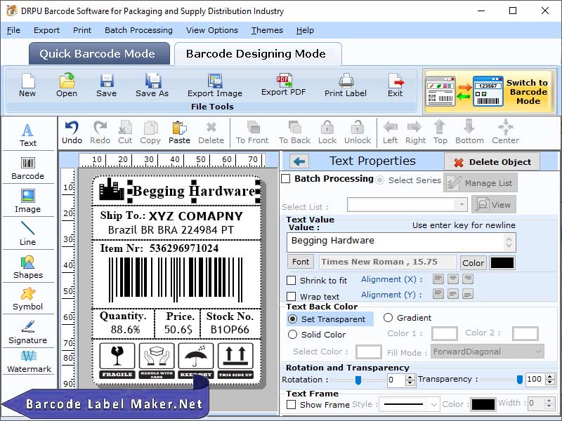 Screenshot of Packaging Label Barcode Generator