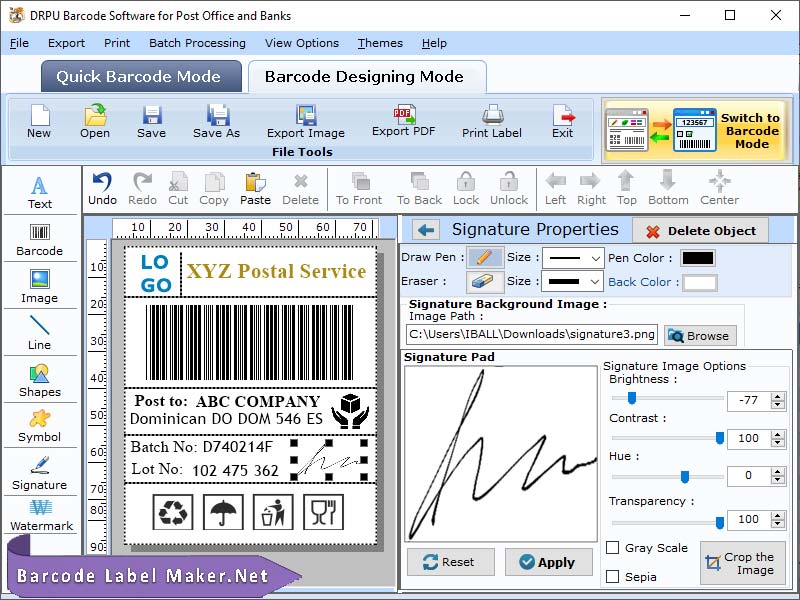 Screenshot of Post Office Barcode Label Generator