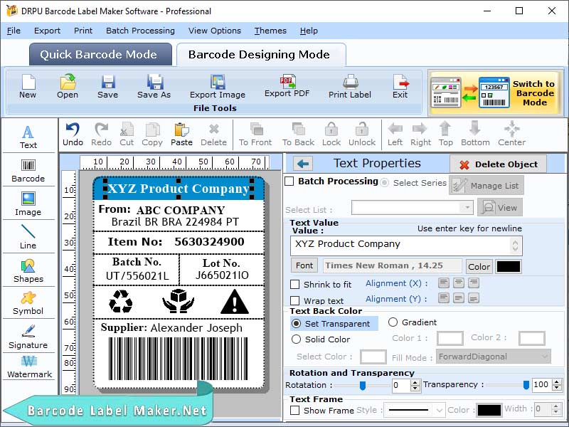 Screenshot of Free Barcode Label Maker Tool