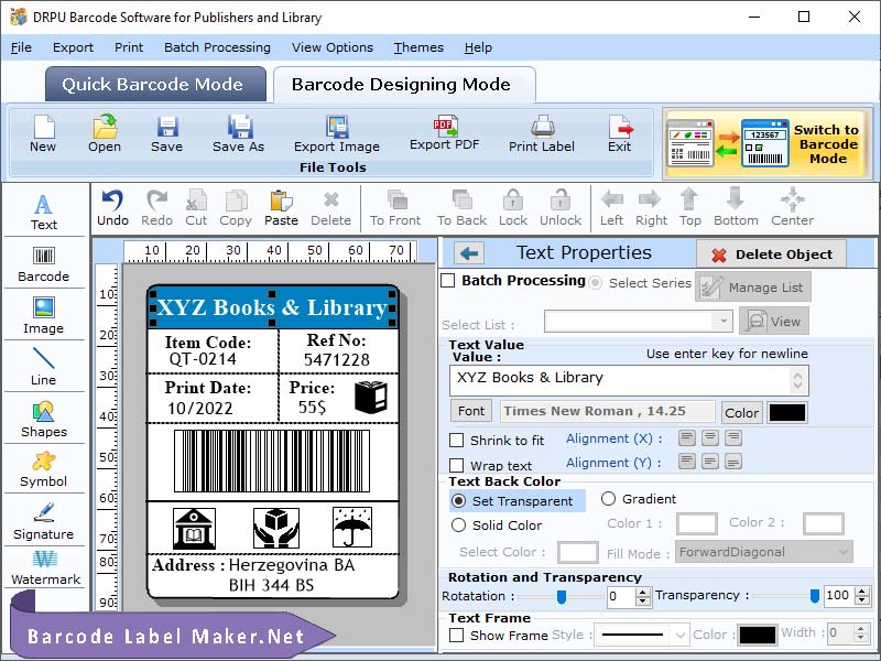 Screenshot of Library Barcode Label Maker 7.2