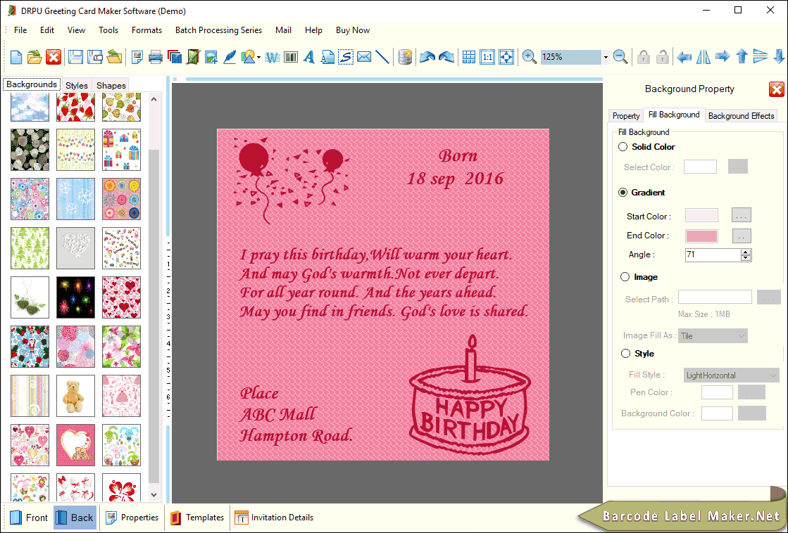 Back side of Greeting Card