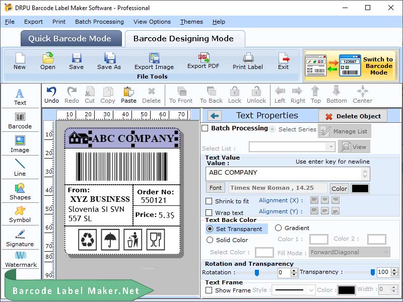 Screenshot of Software to Create Barcode Stickers